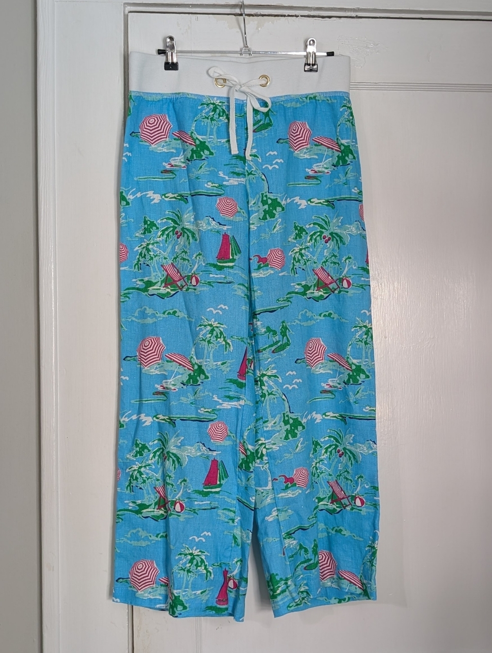 All For Color Blue Tropical Linen Crop Pants Drawstring Beach Resort Size S